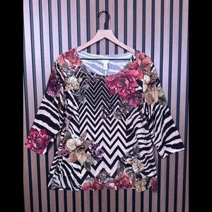Chicos Top 2 / Large Womens Beige Mesh Multi Print 3/4 Sleeve Tunic